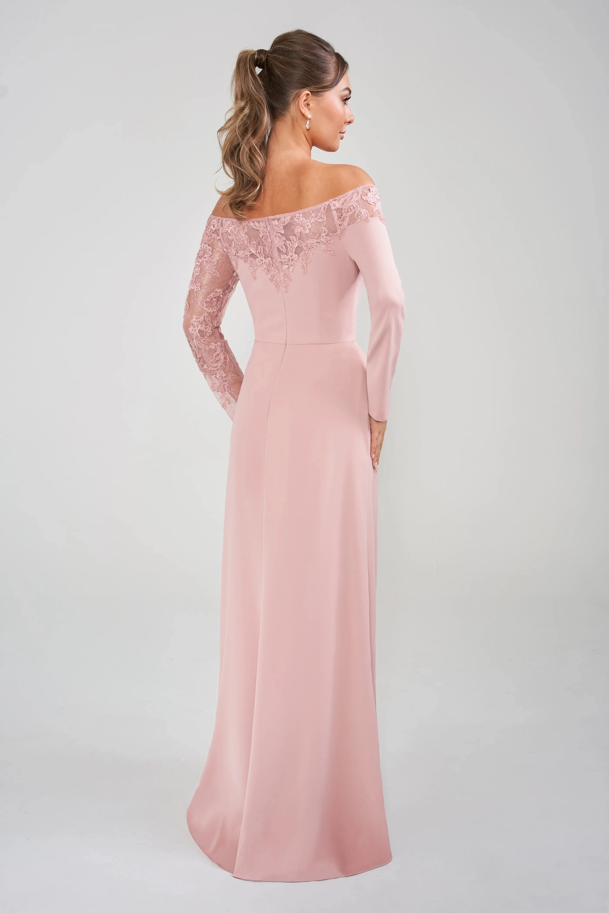 Off-the-Shoulder Lace Long Sleeve Chiffon Floor Length Mother of the Bride Dress