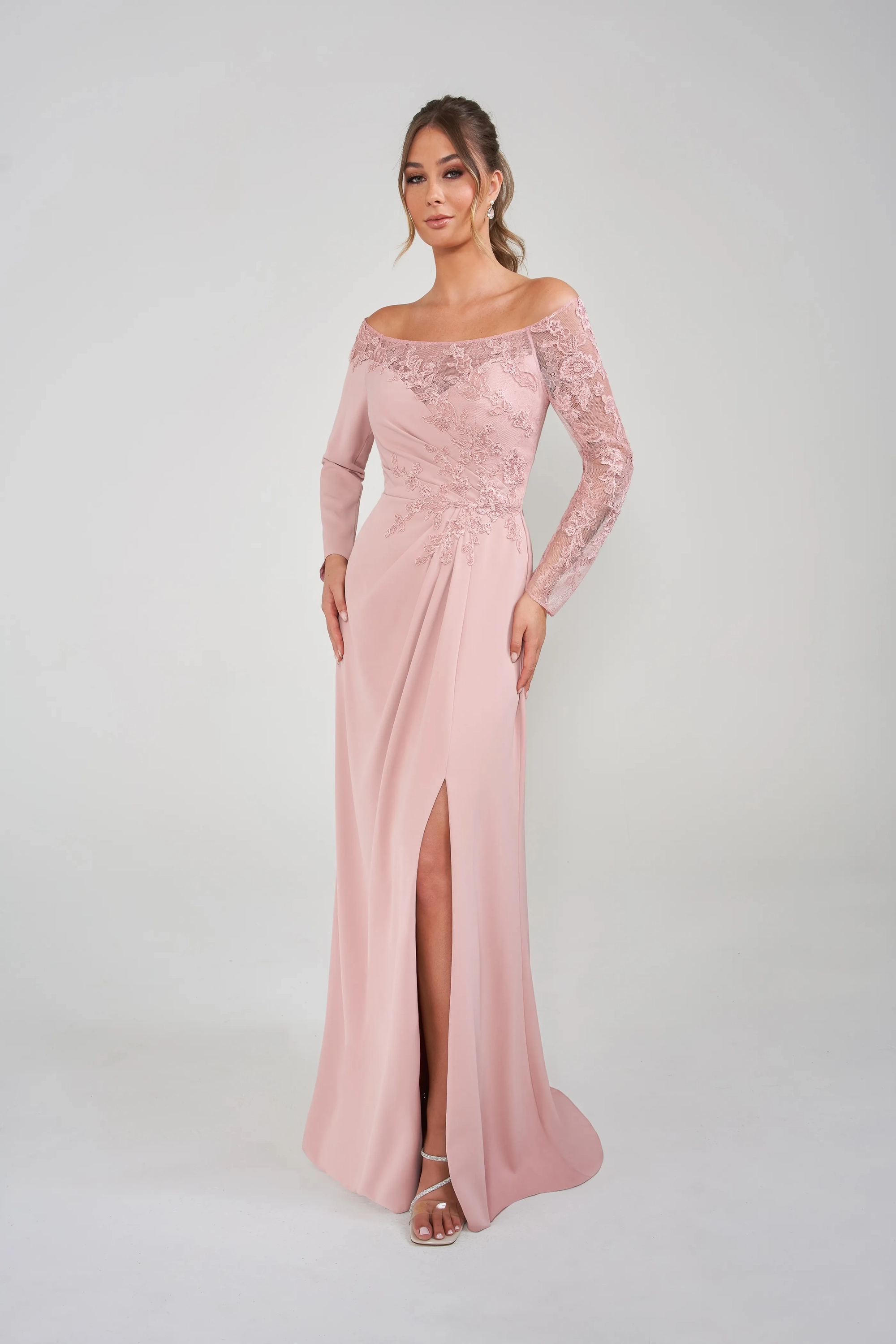Off-the-Shoulder Lace Long Sleeve Chiffon Floor Length Mother of the Bride Dress