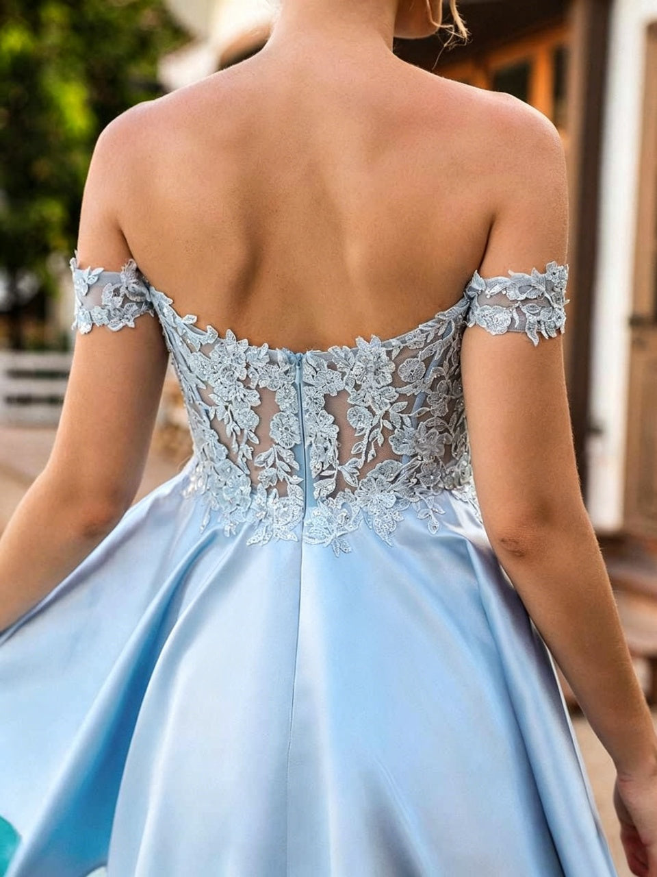 Off-the-Shoulder Lace Satin A-Line Short Homecoming Dresses