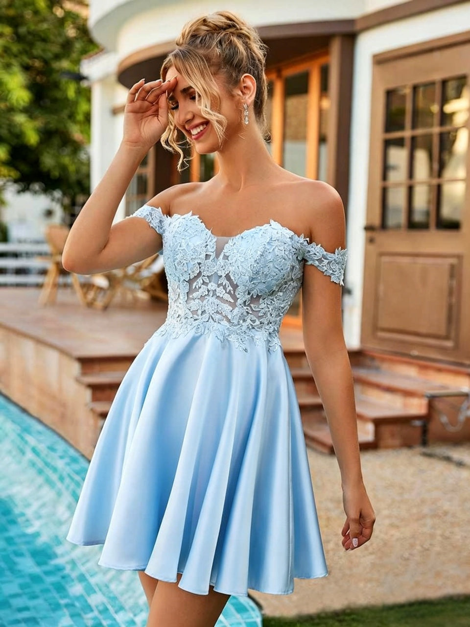 Off-the-Shoulder Lace Satin A-Line Short Homecoming Dresses