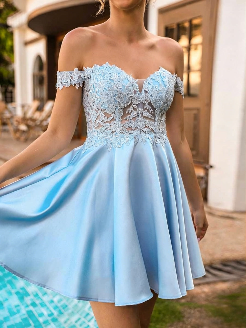 Off-the-Shoulder Lace Satin A-Line Short Homecoming Dresses
