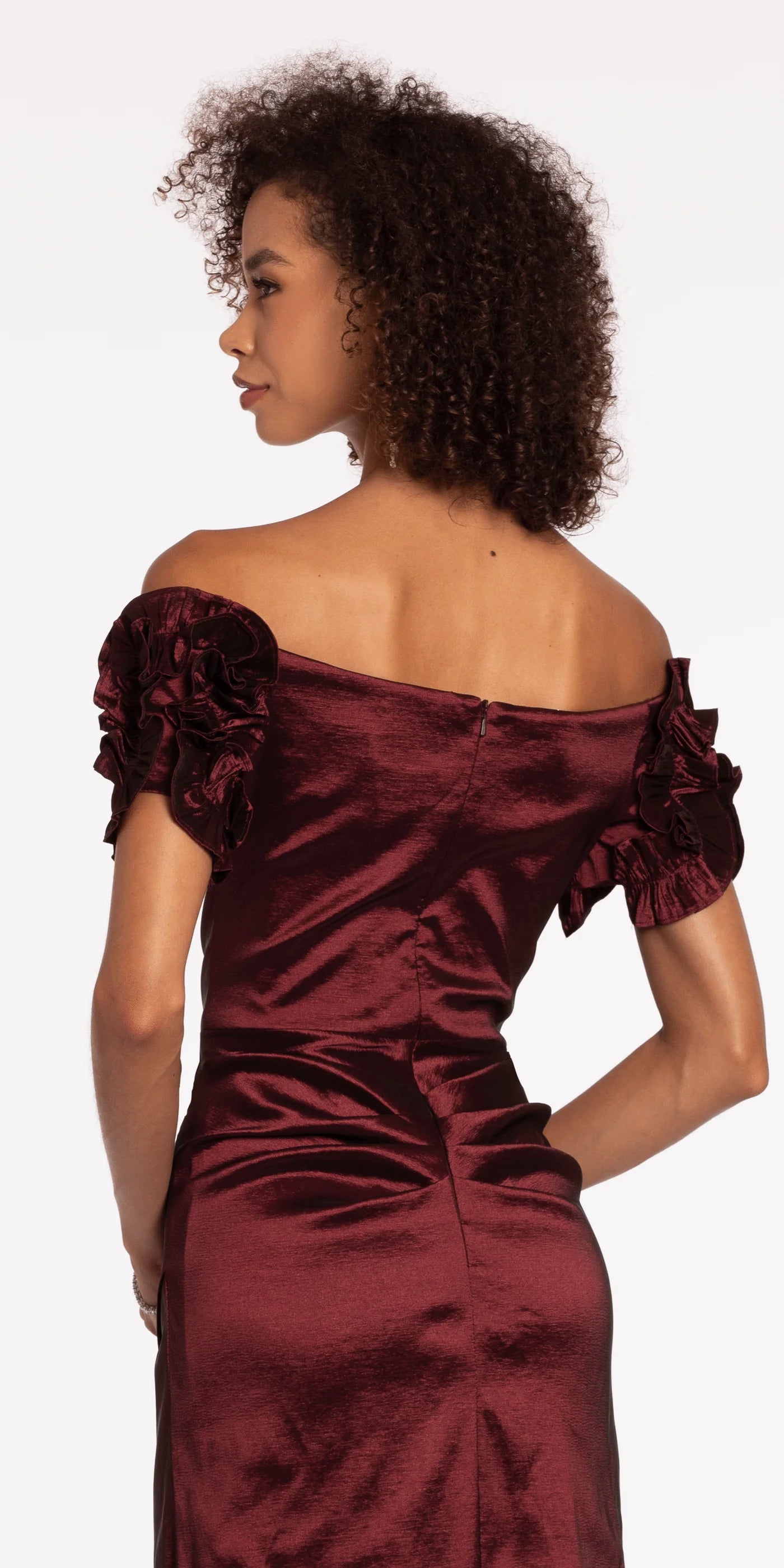 Off-the-Shoulder Satin Mermaid Evening Dresses with Ruffle Sleeve Detail and Ruched Waist