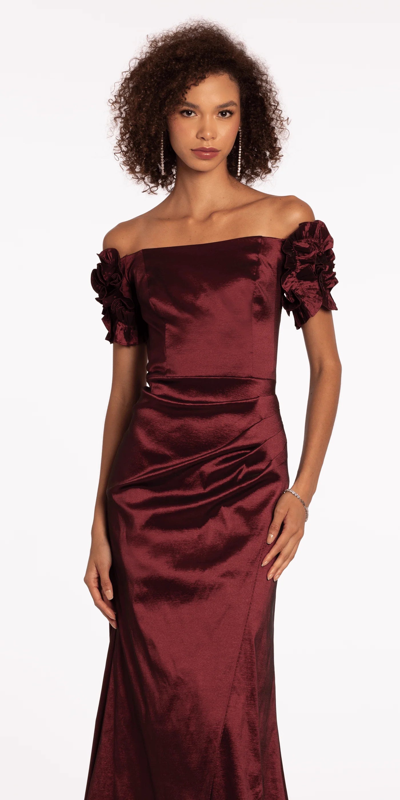 Off-the-Shoulder Satin Mermaid Evening Dresses with Ruffle Sleeve Detail and Ruched Waist