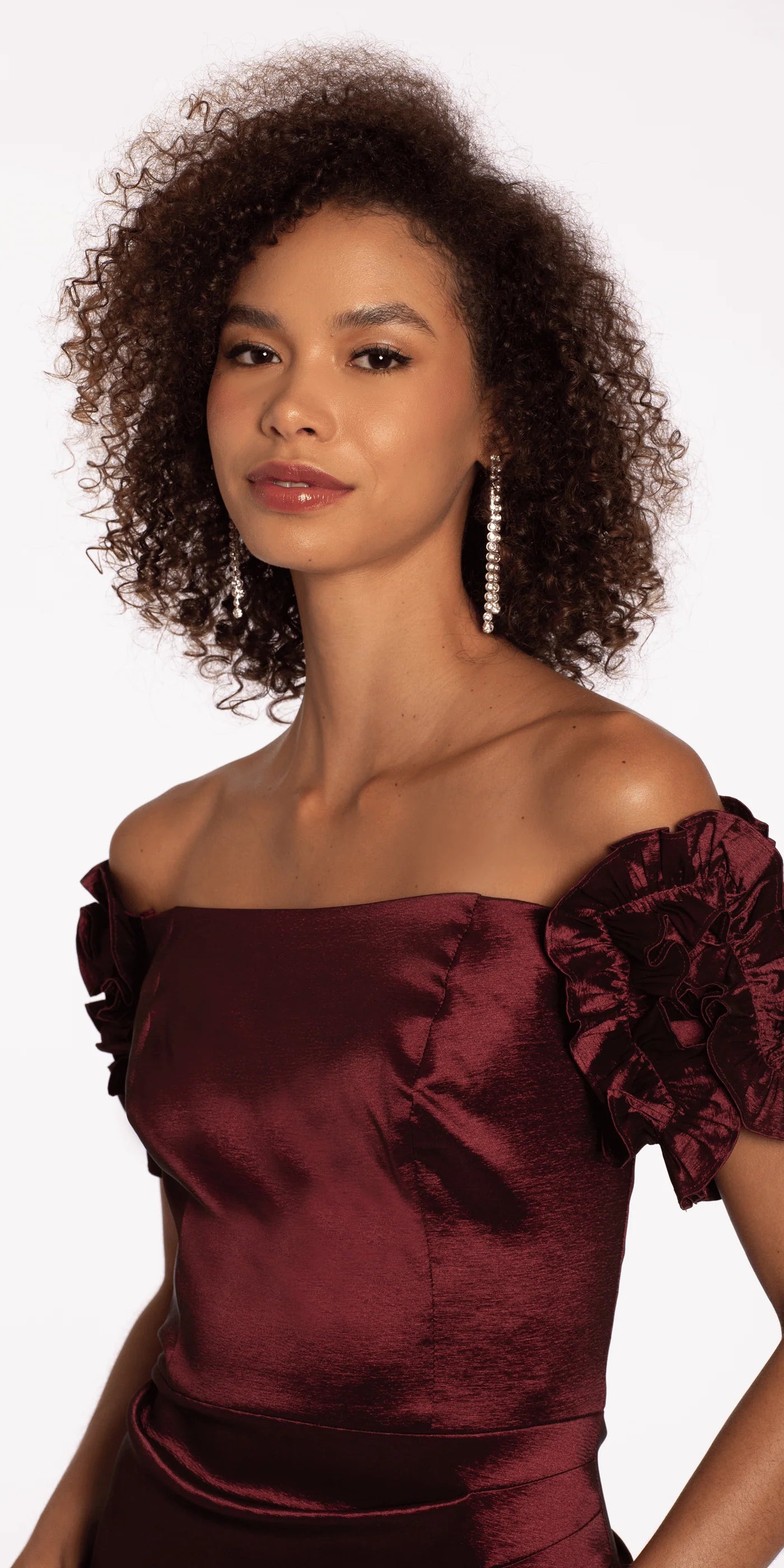 Off-the-Shoulder Satin Mermaid Evening Dresses with Ruffle Sleeve Detail and Ruched Waist