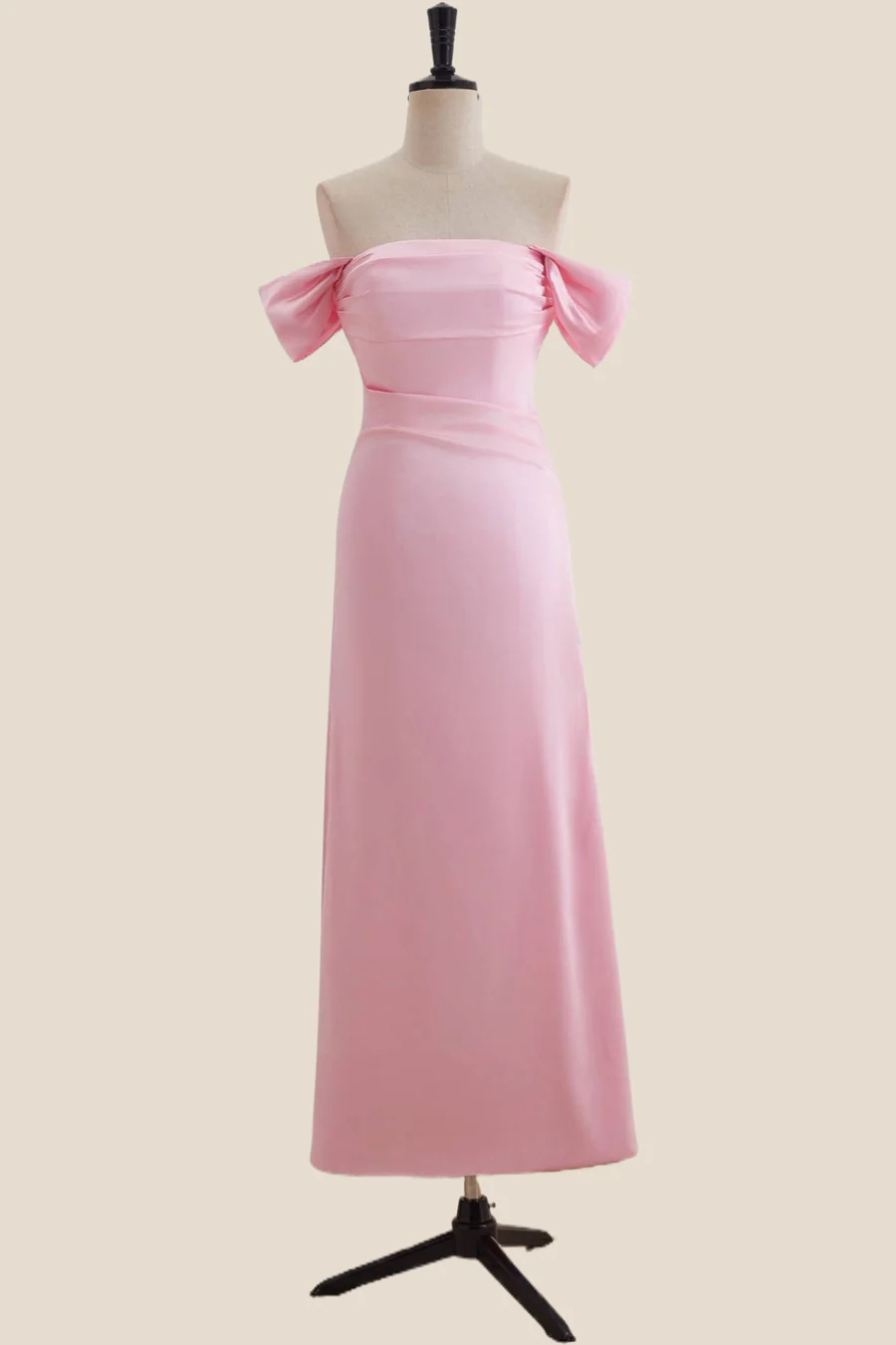 Off-the-Shoulder Satin Midi Form-Fitting Bridesmaid Dress