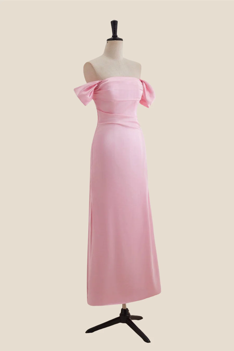 Off-the-Shoulder Satin Midi Form-Fitting Bridesmaid Dress