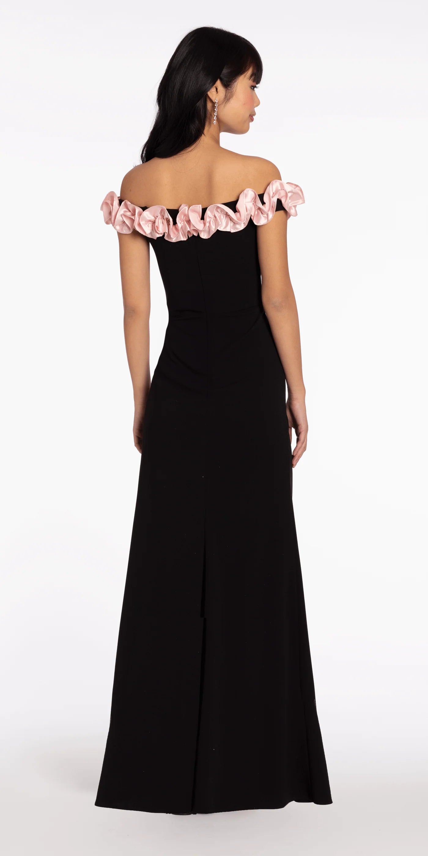 Off-the-Shoulder Satin Ruffle Trim Evening Dresses with High Slit and Floor-Length Skirt