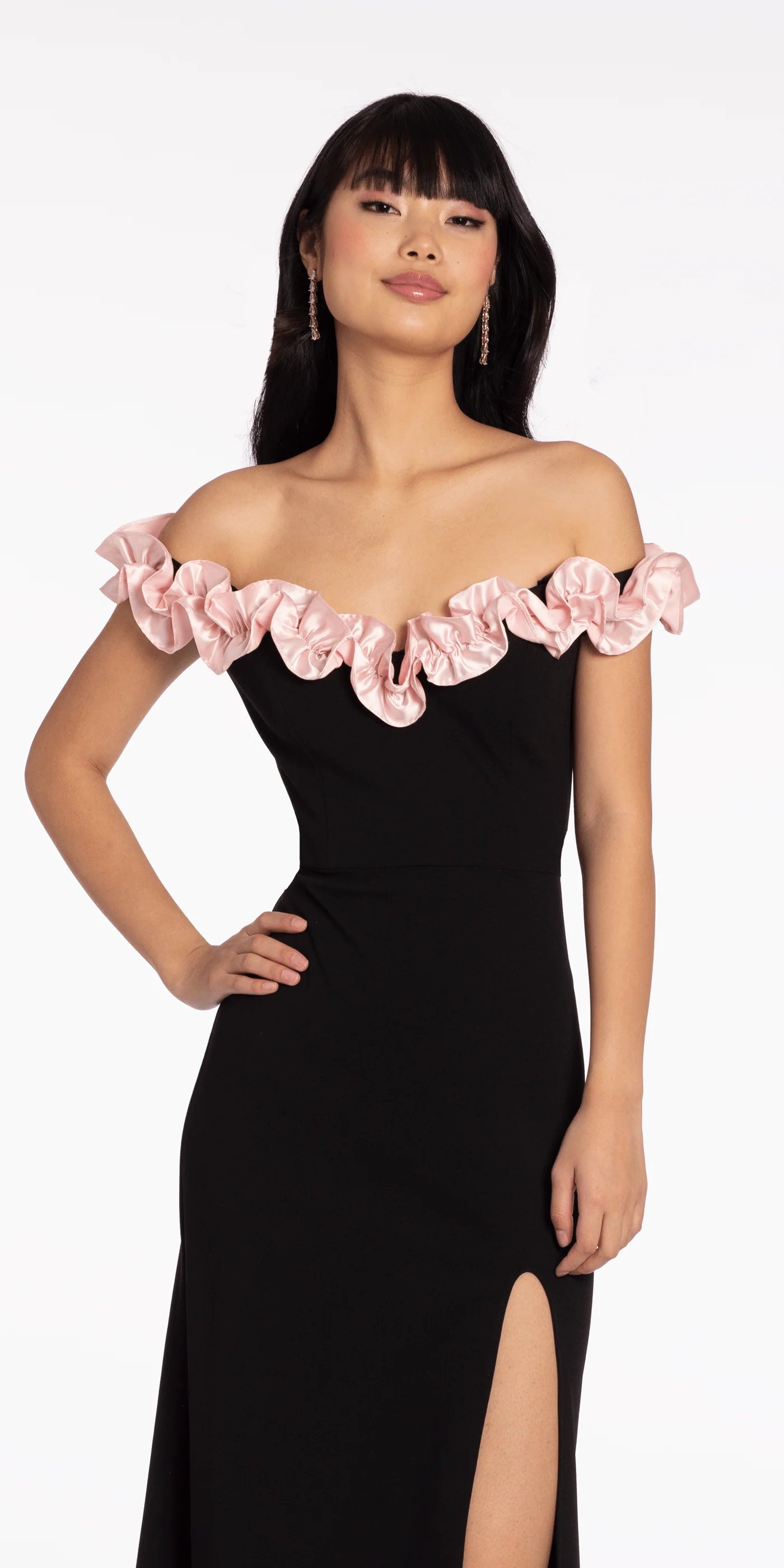 Off-the-Shoulder Satin Ruffle Trim Evening Dresses with High Slit and Floor-Length Skirt