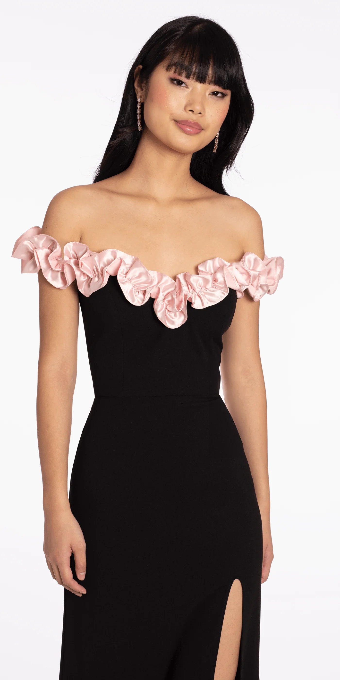 Off-the-Shoulder Satin Ruffle Trim Evening Dresses with High Slit and Floor-Length Skirt