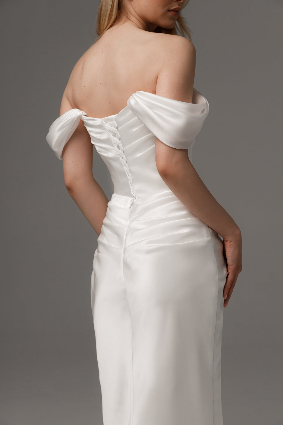 Off-the-Shoulder Satin Sheath Wedding Dress Ruched Bodice Lace-Up Back High Slit Bridal Gown