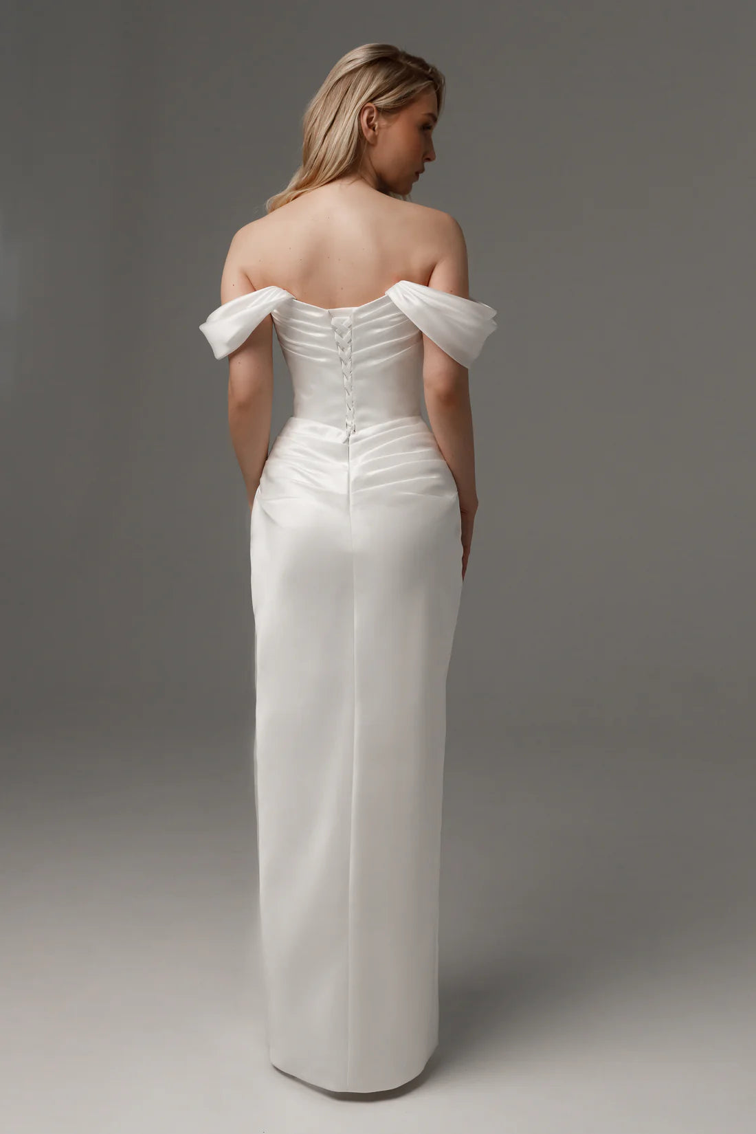 Off-the-Shoulder Satin Sheath Wedding Dress Ruched Bodice Lace-Up Back High Slit Bridal Gown
