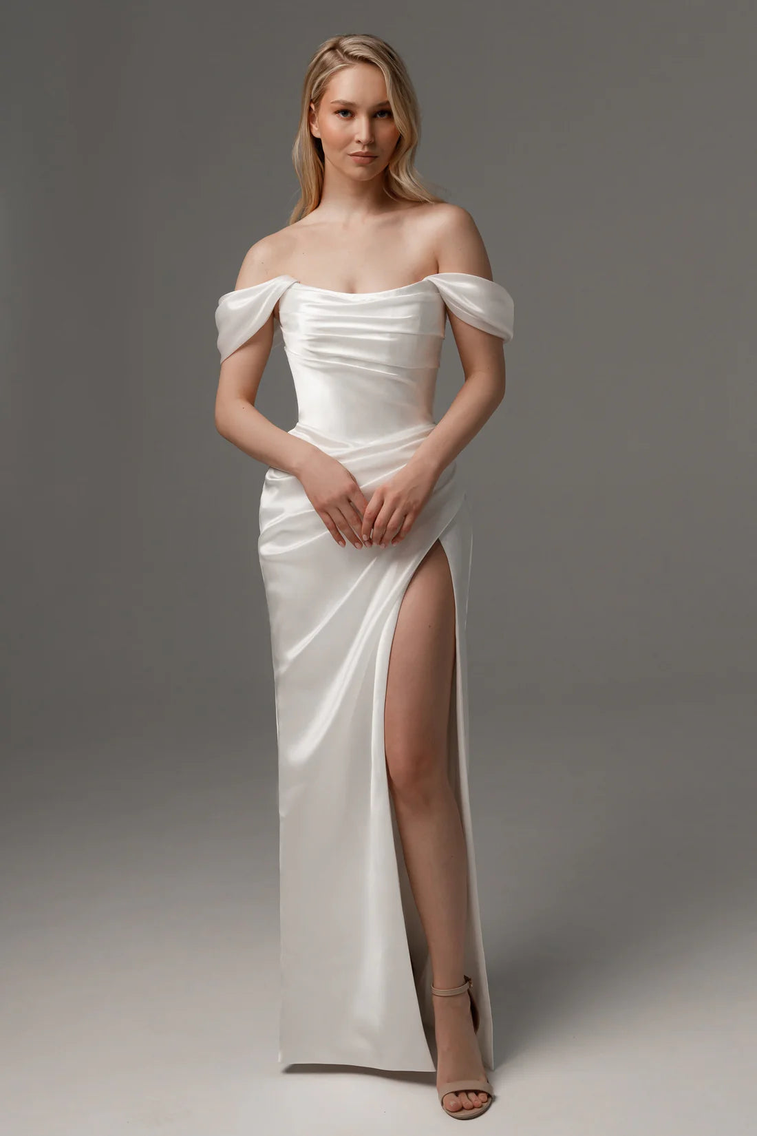 Off-the-Shoulder Satin Sheath Wedding Dress Ruched Bodice Lace-Up Back High Slit Bridal Gown