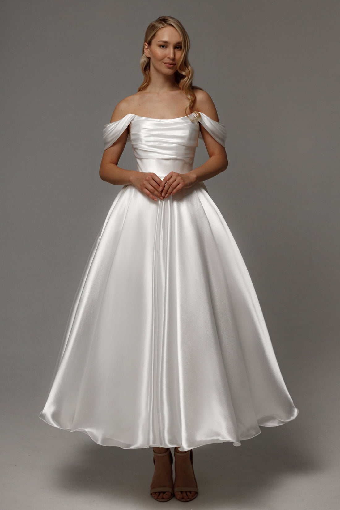 Off-the-Shoulder Satin Wedding Dress Draped Bodice Lace-Up Back A-Line Midi Bridal Gown