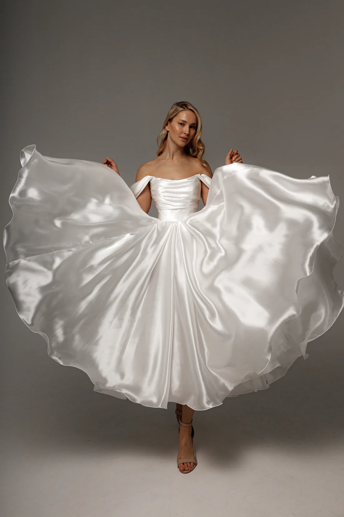 Off-the-Shoulder Satin Wedding Dress Draped Bodice Lace-Up Back A-Line Midi Bridal Gown