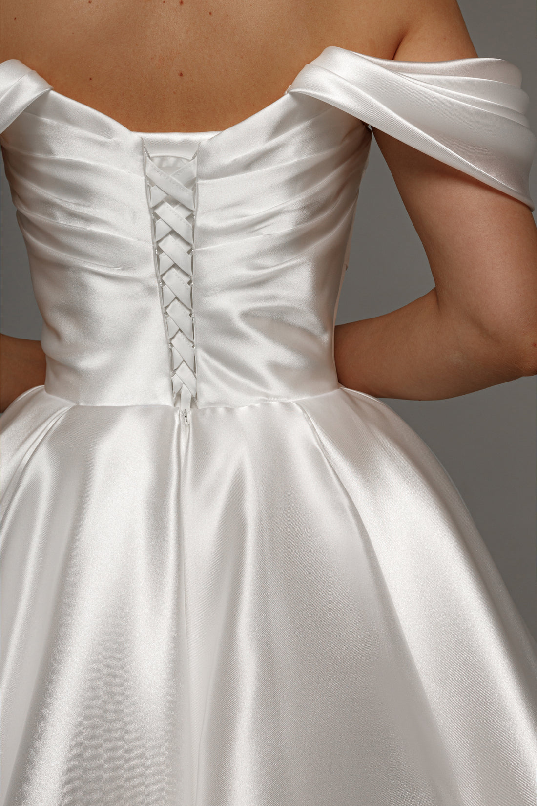 Off-the-Shoulder Satin Wedding Dress Draped Bodice Lace-Up Back A-Line Midi Bridal Gown