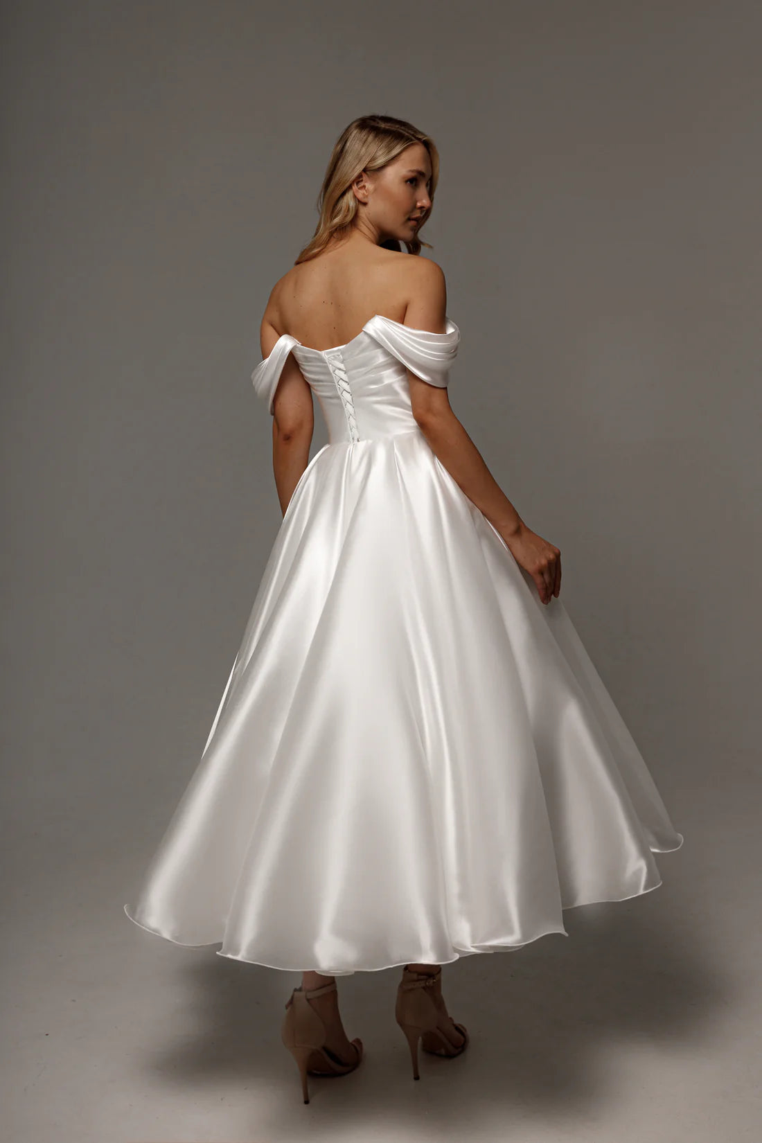 Off-the-Shoulder Satin Wedding Dress Draped Bodice Lace-Up Back A-Line Midi Bridal Gown