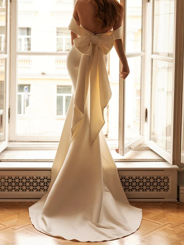 Off-the-Shoulder Satin Wedding Dress with Oversized Back Bow, Mermaid Silhouette & Cathedral Train