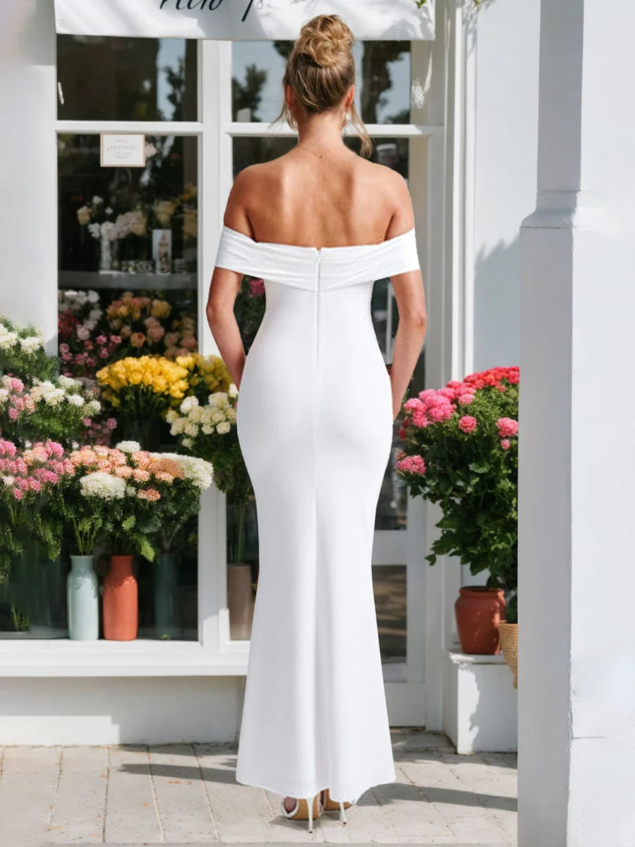 Off-the-Shoulder Satin Wedding Dress with Oversized Removable Back Bow, Mermaid Silhouette & Floor-Length Hem