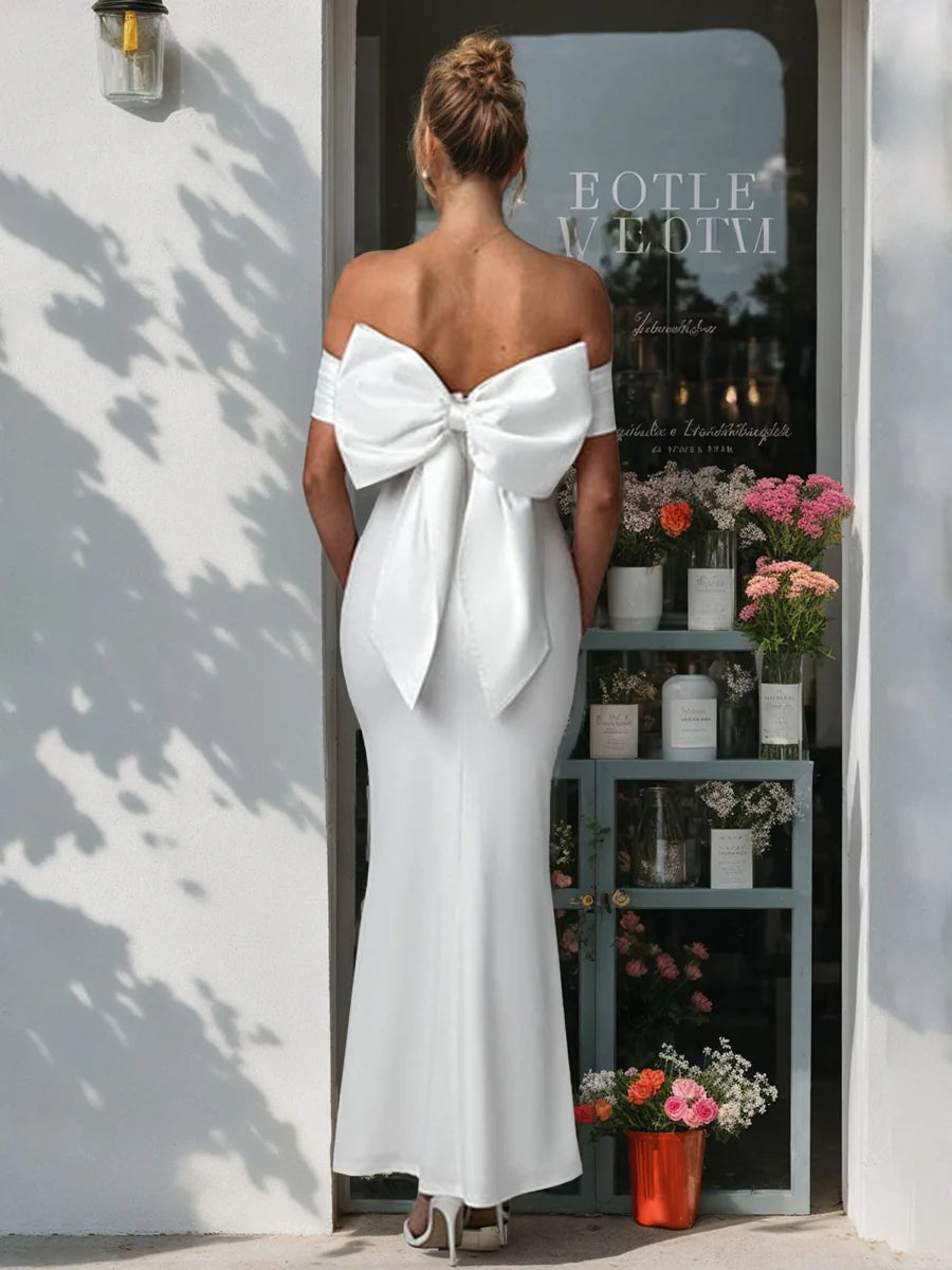 Off-the-Shoulder Satin Wedding Dress with Oversized Removable Back Bow, Mermaid Silhouette & Floor-Length Hem