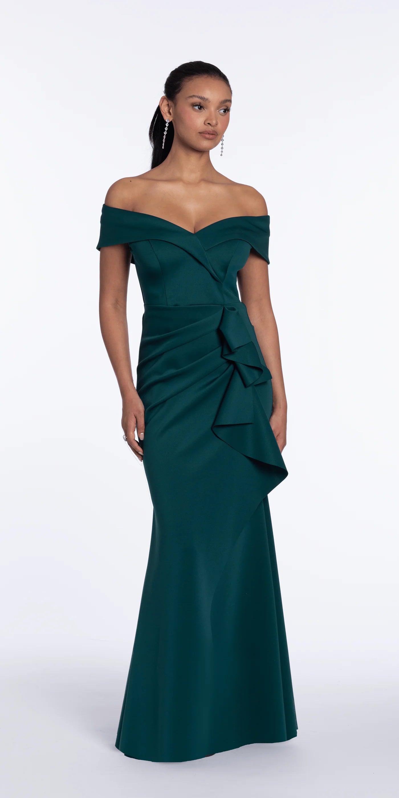 Elegant Off-the-Shoulder Scuba Mermaid Evening Dresses with Ruffle Waist Detail and Ruched Back Panel