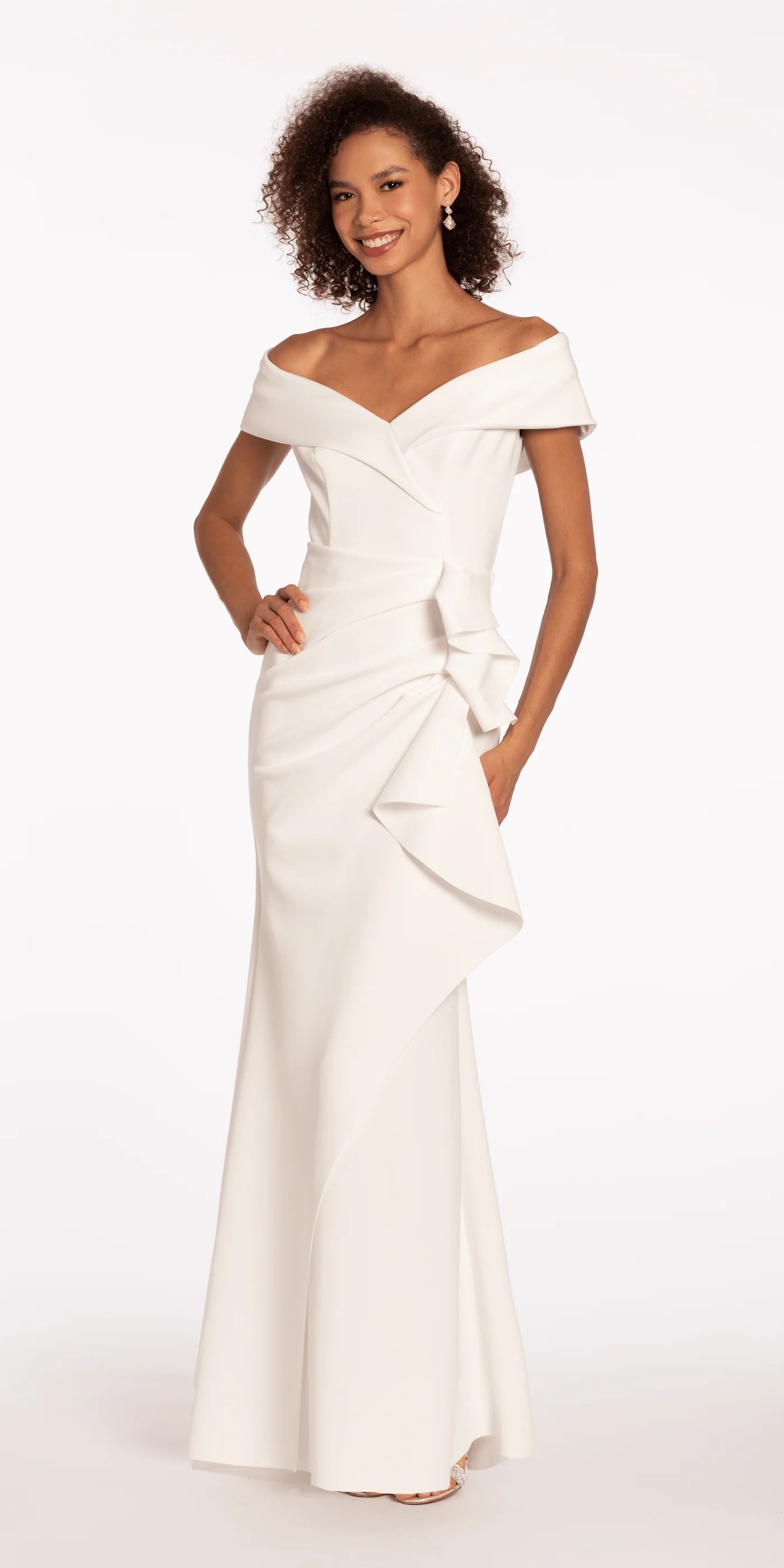 Elegant Off-the-Shoulder Scuba Mermaid Evening Dresses with Ruffle Waist Detail and Ruched Back Panel