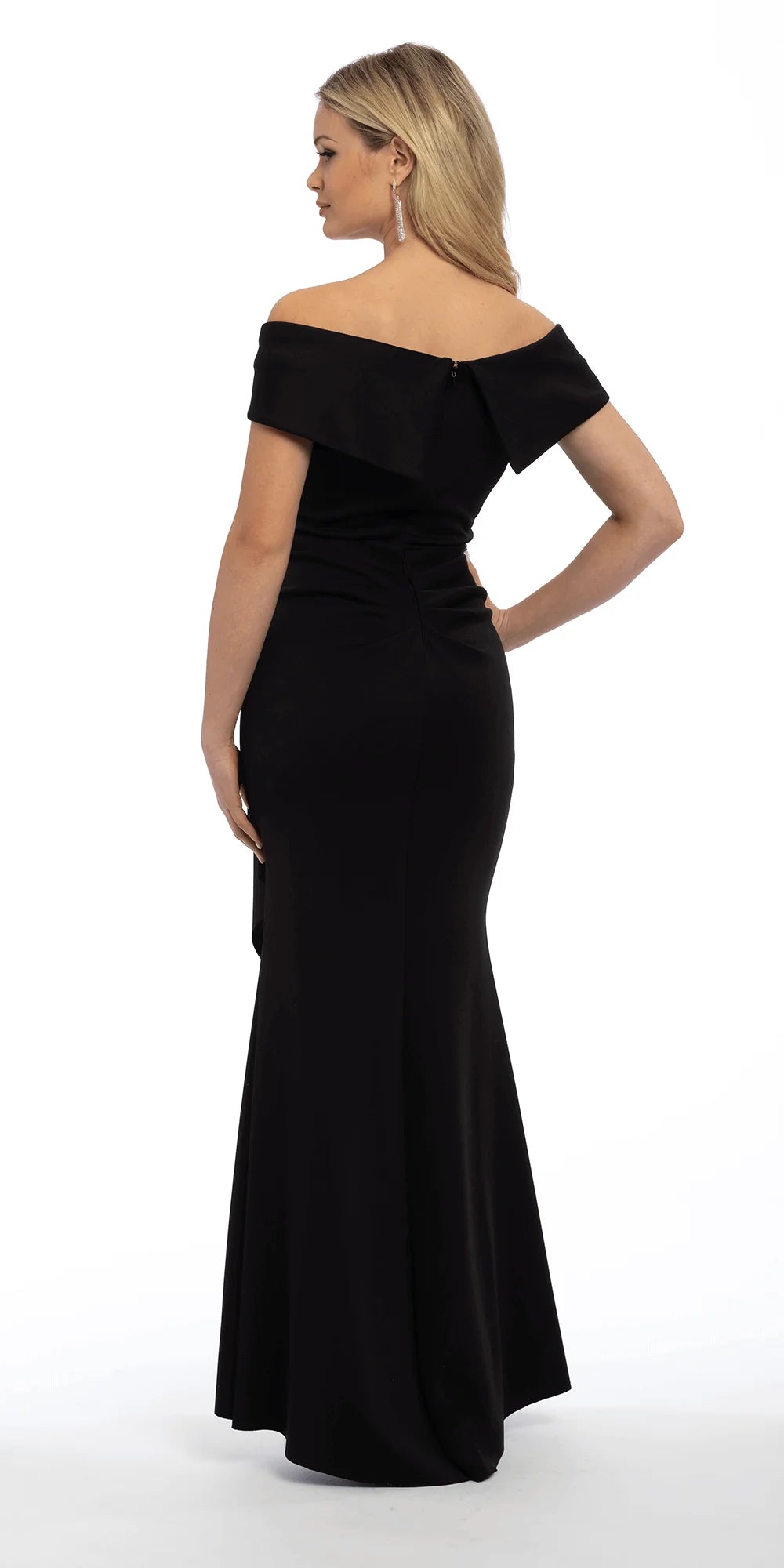 Elegant Off-the-Shoulder Scuba Mermaid Evening Dresses with Ruffle Waist Detail and Ruched Back Panel