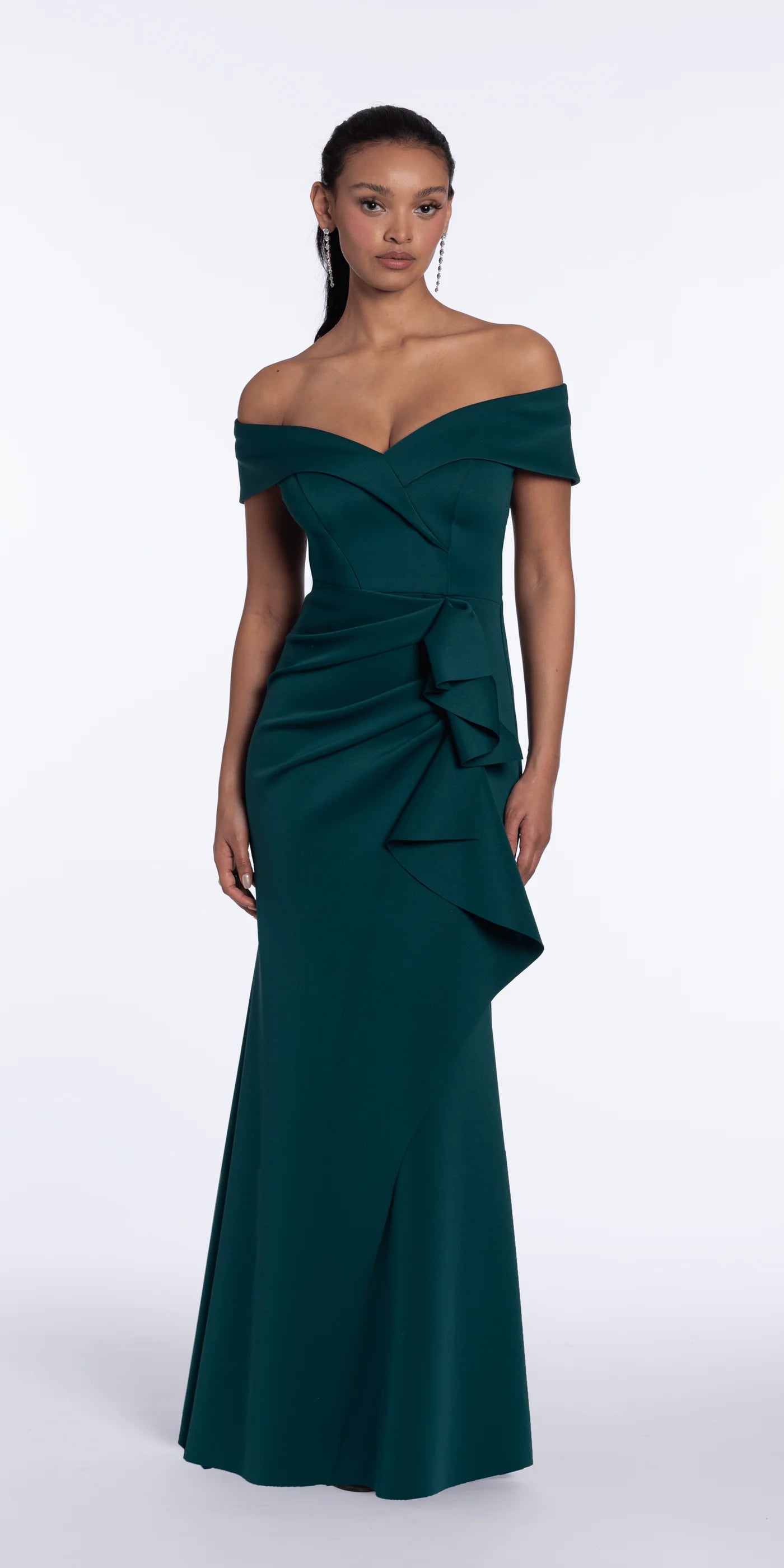Elegant Off-the-Shoulder Scuba Mermaid Evening Dresses with Ruffle Waist Detail and Ruched Back Panel
