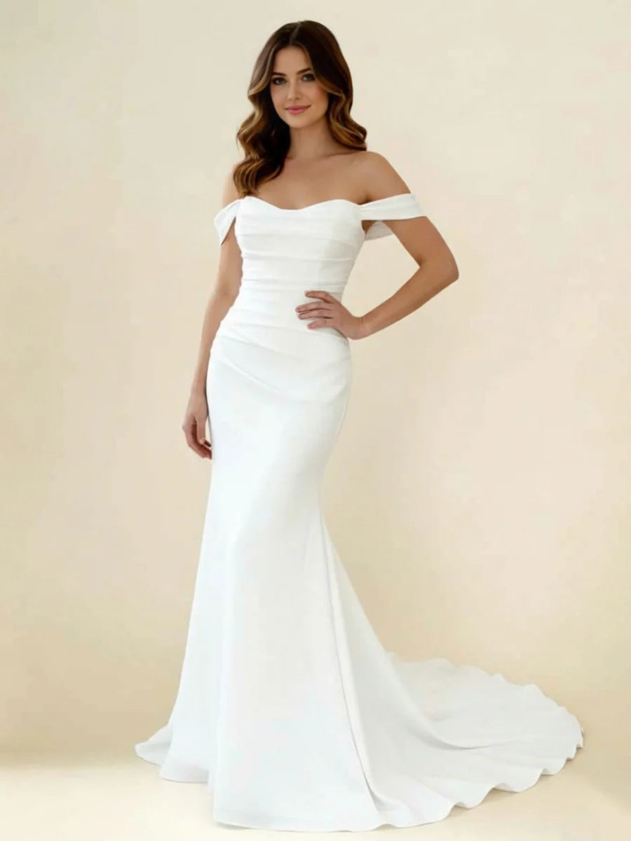 Off-the-Shoulder Sweetheart Wedding Dress with Ruched Bodice & Mermaid Train