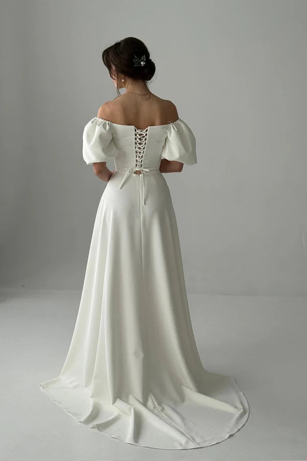 Off Shoulder A-line Modest Wedding Dress Ivory Simple Wedding Dress