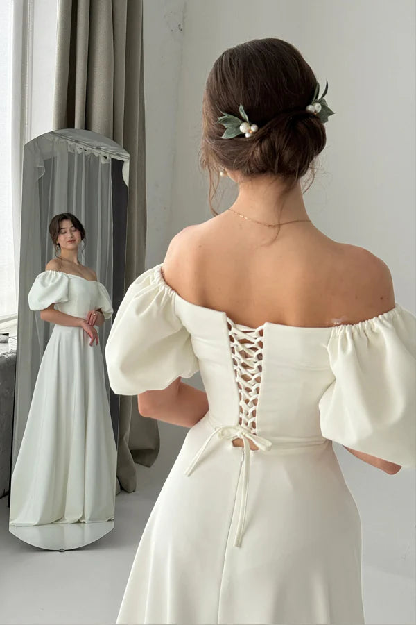 Off Shoulder A-line Modest Wedding Dress Ivory Simple Wedding Dress