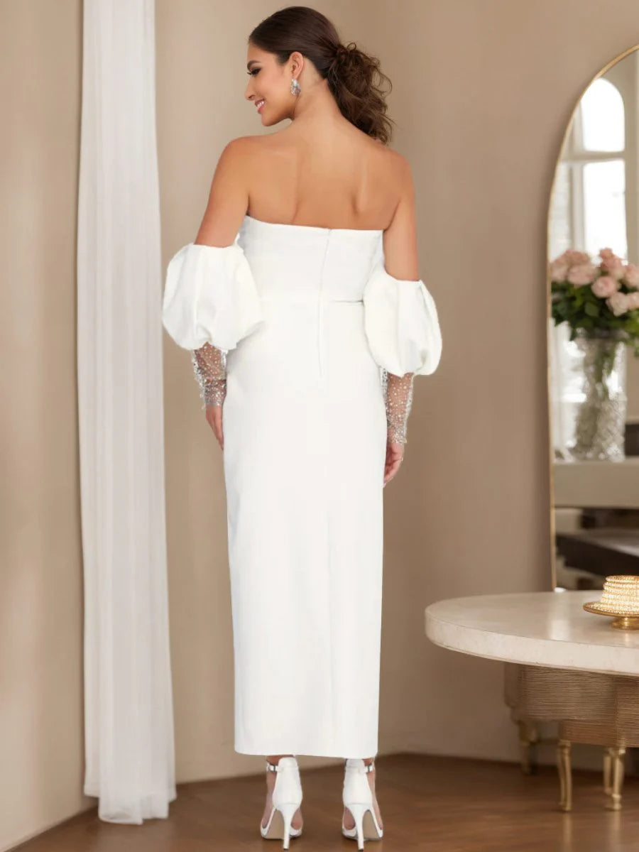 Off Shoulder Beaded Sleeve Midi Wedding Dress Ruched Slit Strapless Bridal Gown