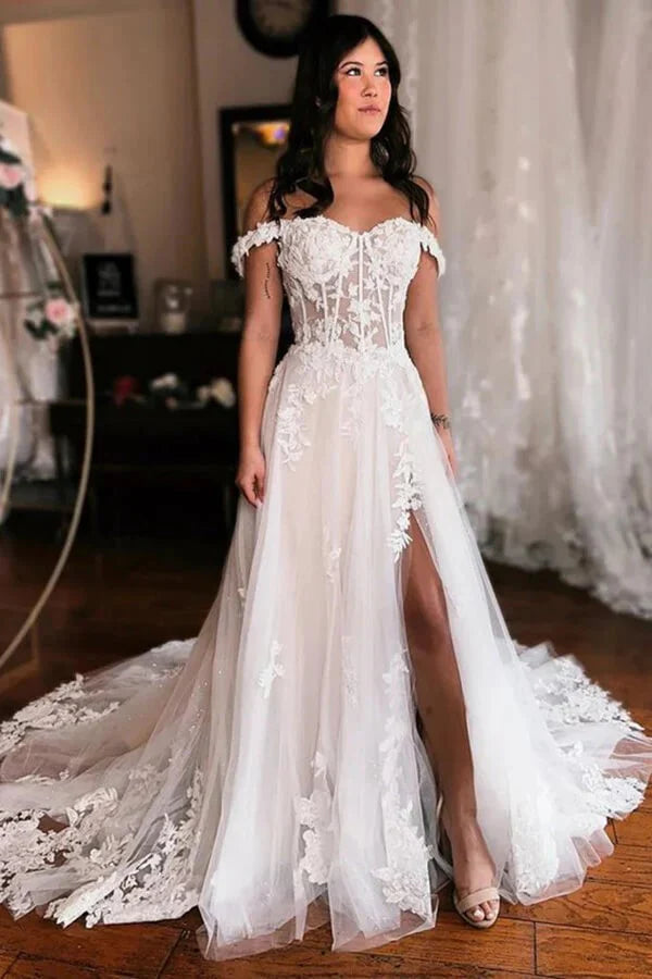 Off Shoulder Elegant Wedding Dress Boho Wedding Dress With Slit