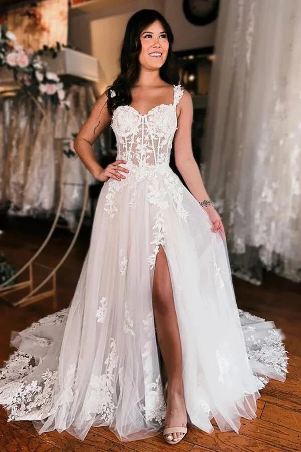 Off Shoulder Elegant Wedding Dress Boho Wedding Dress With Slit