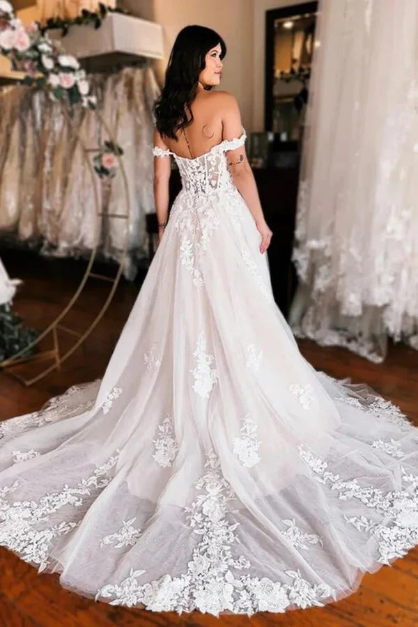 Off Shoulder Elegant Wedding Dress Boho Wedding Dress With Slit
