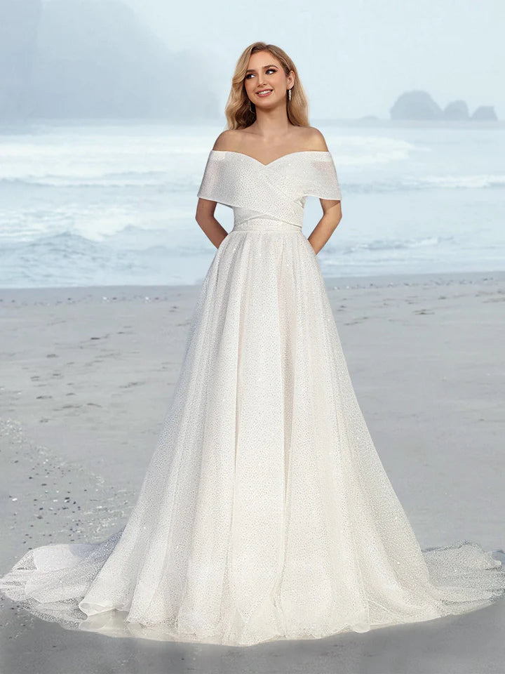 Off Shoulder Glitter Tulle A Line Wedding Dress with Cape Collar Sweep Train Bridal Gown