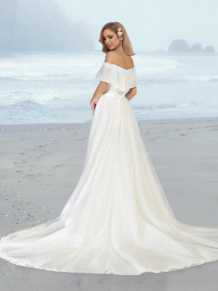 Off Shoulder Glitter Tulle A Line Wedding Dress with Cape Collar Sweep Train Bridal Gown