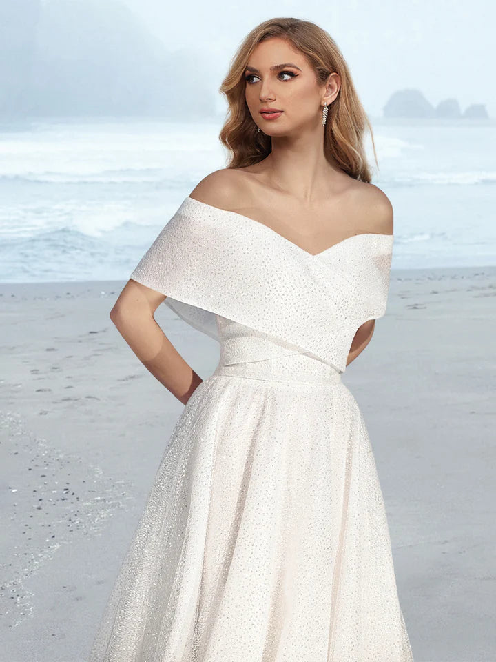 Off Shoulder Glitter Tulle A Line Wedding Dress with Cape Collar Sweep Train Bridal Gown