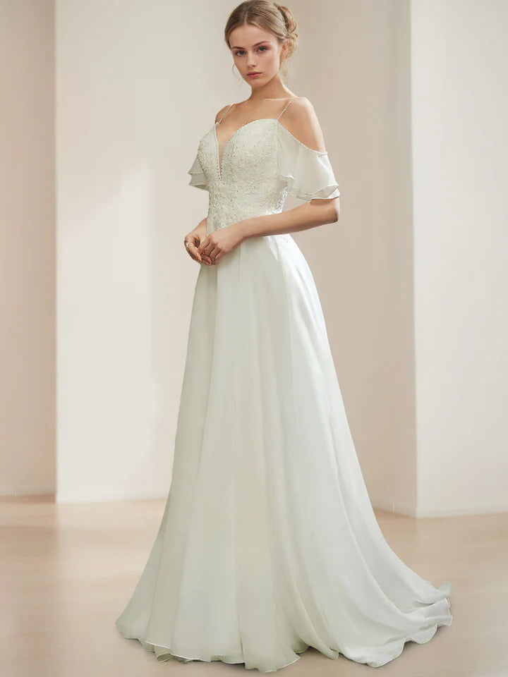 Off Shoulder Lace Applique Chiffon Wedding Dress Spaghetti Strap Train Bridal Gown