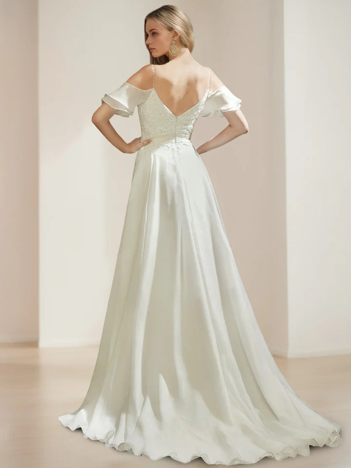 Off Shoulder Lace Applique Chiffon Wedding Dress Spaghetti Strap Train Bridal Gown