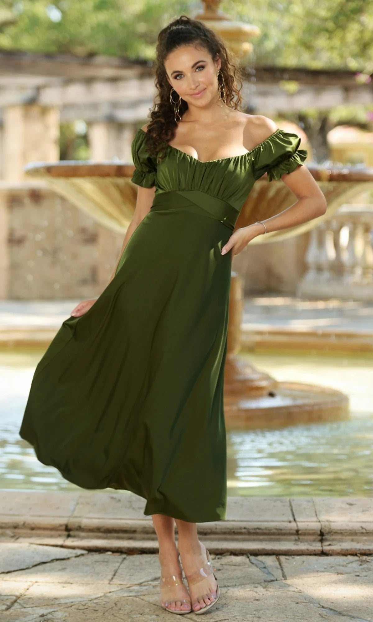 Off Shoulder Puff Sleeve Back Sash Tie Satin Midi Homecoming Dresses