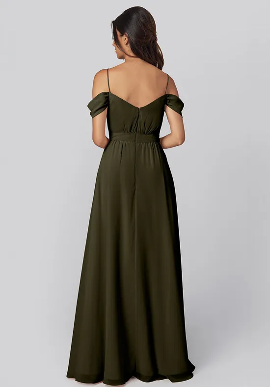 Off Shoulder Spaghetti Strap Sweetheart Ruched Bodice Pocket Chiffon Floor Length Bridesmaid Dresses