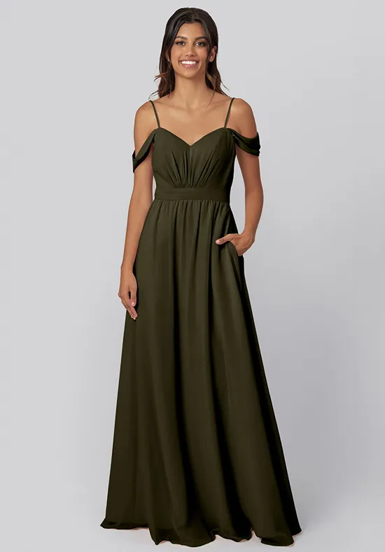 Off Shoulder Spaghetti Strap Sweetheart Ruched Bodice Pocket Chiffon Floor Length Bridesmaid Dresses