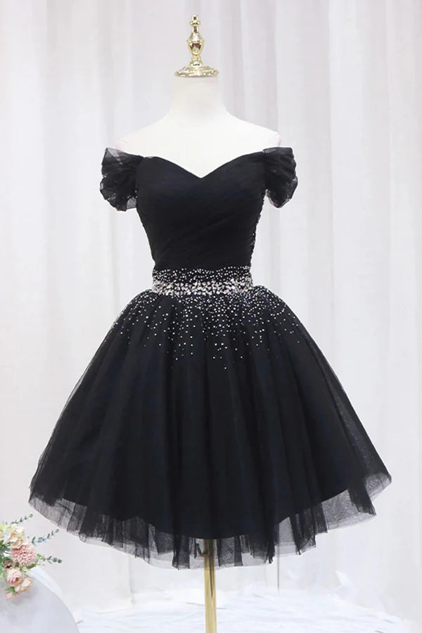 Off The Shoulder Black Homecoming Dress Tulle Short Prom Dress