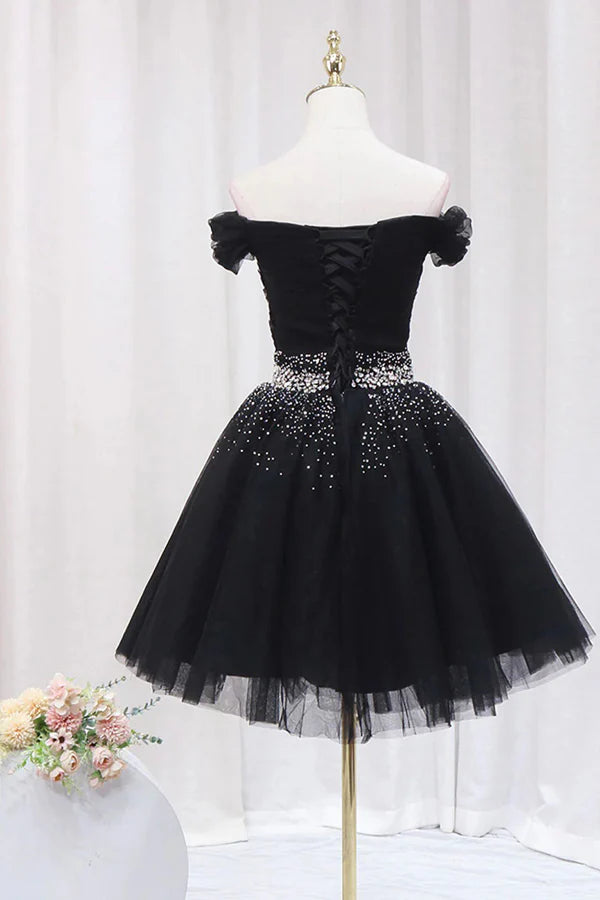 Off The Shoulder Black Homecoming Dress Tulle Short Prom Dress