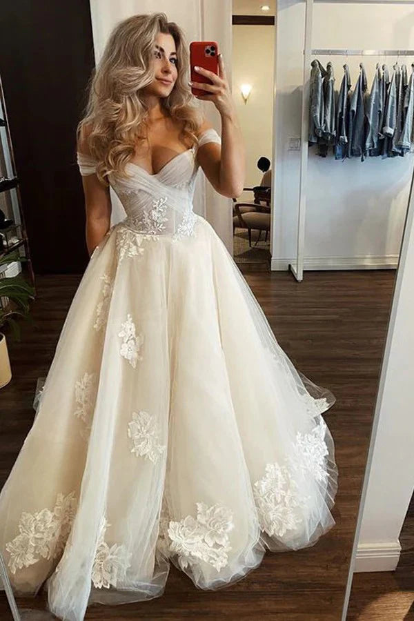 Off The Shoulder Light Champagne Wedding Gown Floral Wedding Dress
