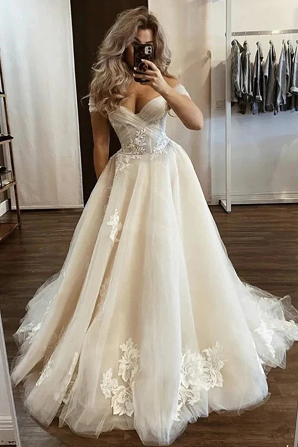 Off The Shoulder Light Champagne Wedding Gown Floral Wedding Dress