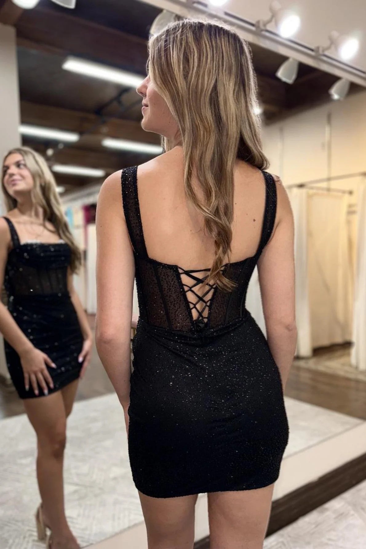 Off the Shoulder Black Beaded Neck Short Full Of Charm Homecoming Dresses