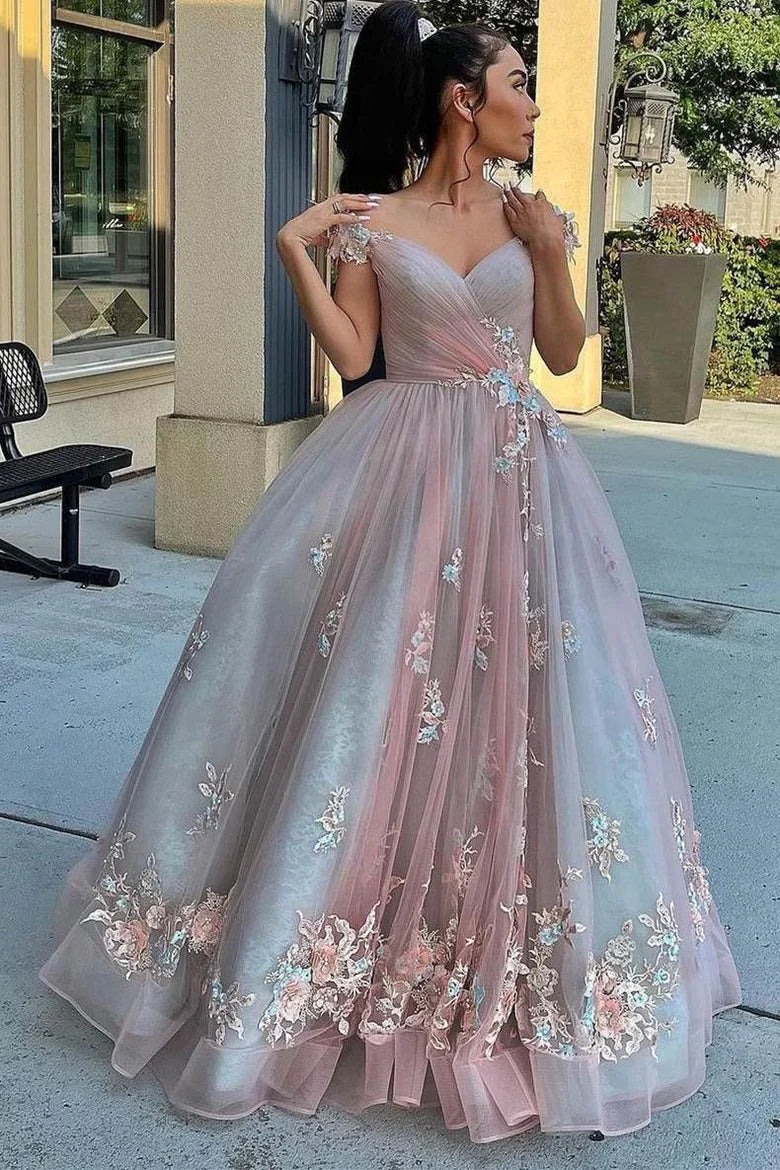 Off the Shoulder Blush Pink Appliques Long Formal Dress