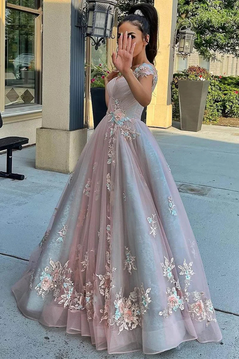 Off the Shoulder Blush Pink Appliques Long Formal Dress