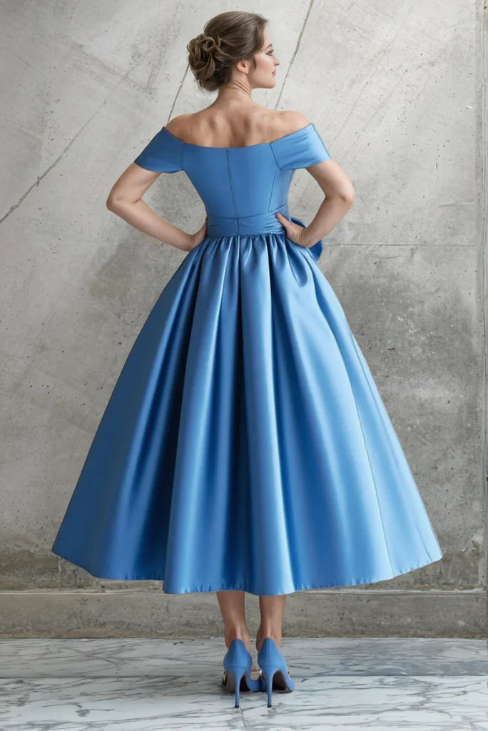 Off the Shoulder Tea Length Blue Mother Of The Bride Dress with Bow